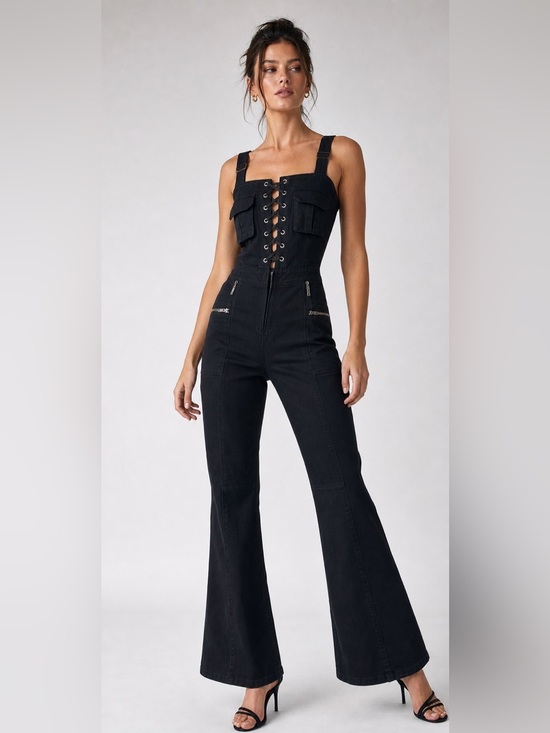 Good American Pants - Good American Lace Up Corset Utility Jumpsuit Black Sz M NWT Flare Sold Out